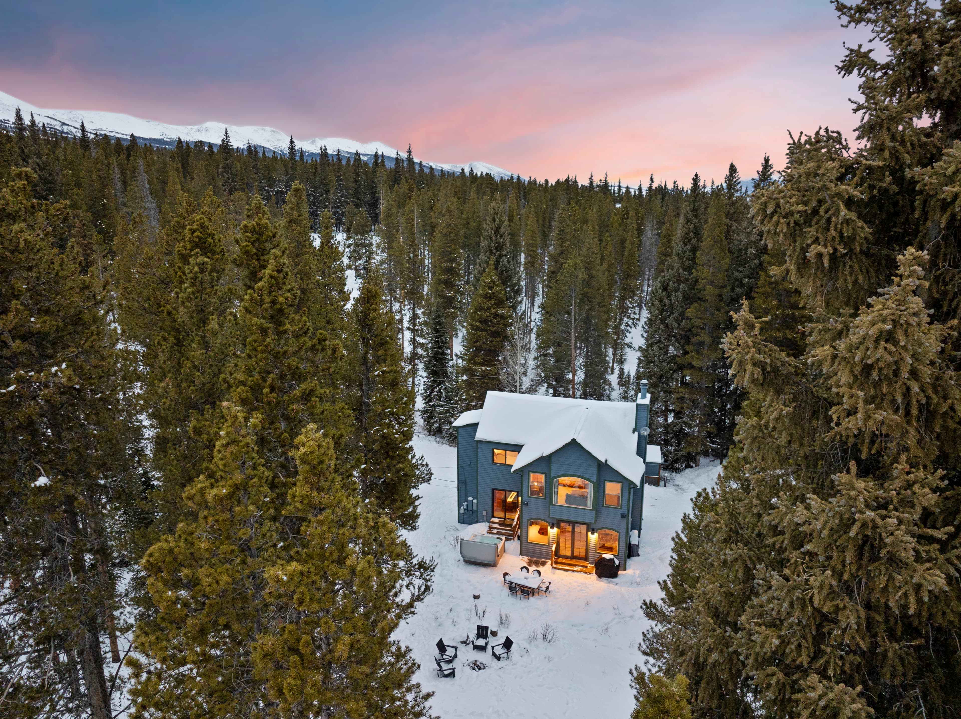 Aerial view of backyard at dusk