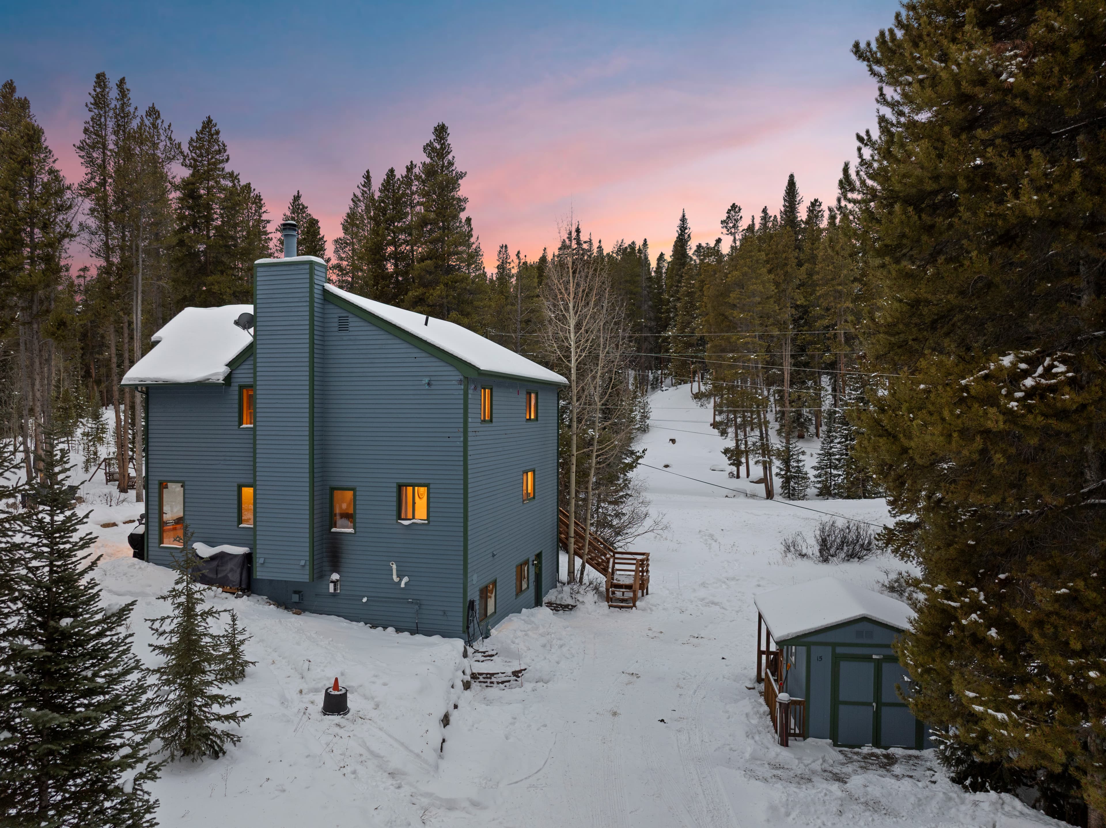 Aerial view of driveway at dusk