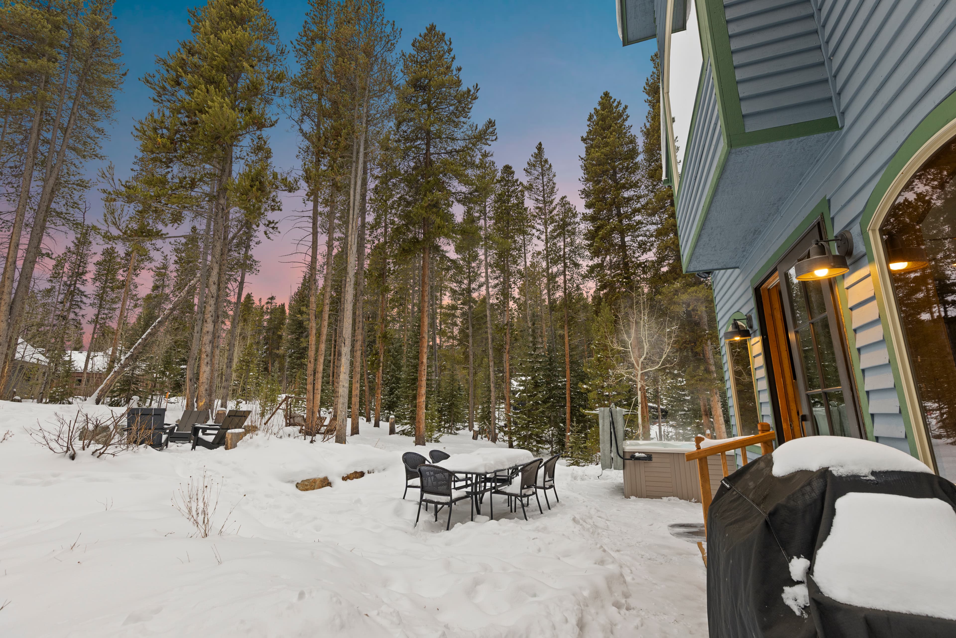 Patio at dusk with fresh snow